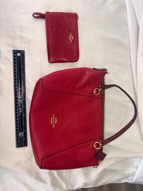 COACH Mia F28966 Red Pebbled Leather Shoulder Hobo Bag & Embossed Wristlet Set